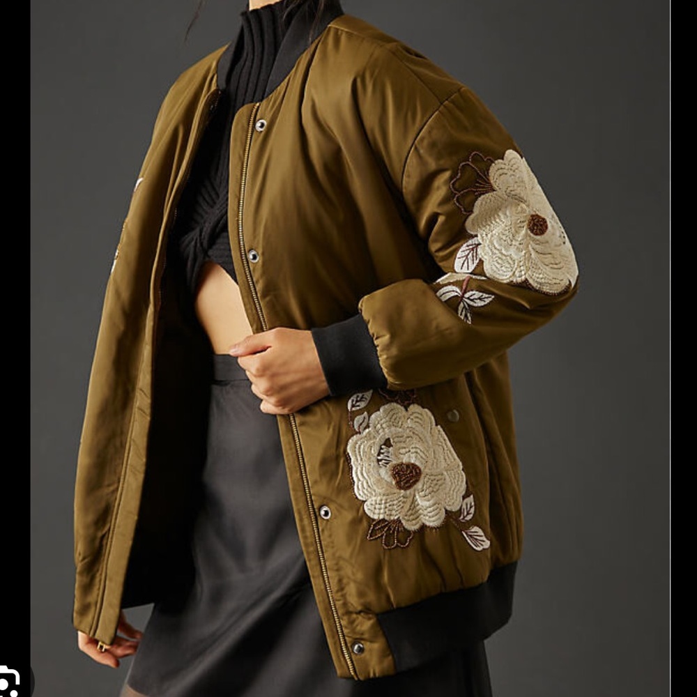 Anthropologie Olive Floral Bomber Jacket